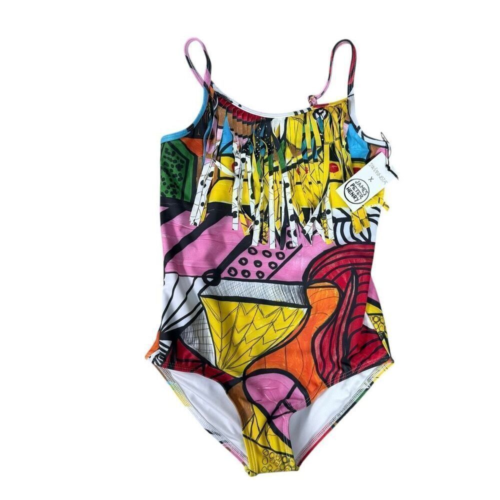 Swiminista X James Peter Henry girls Sydney print fringe swimsuit XL New